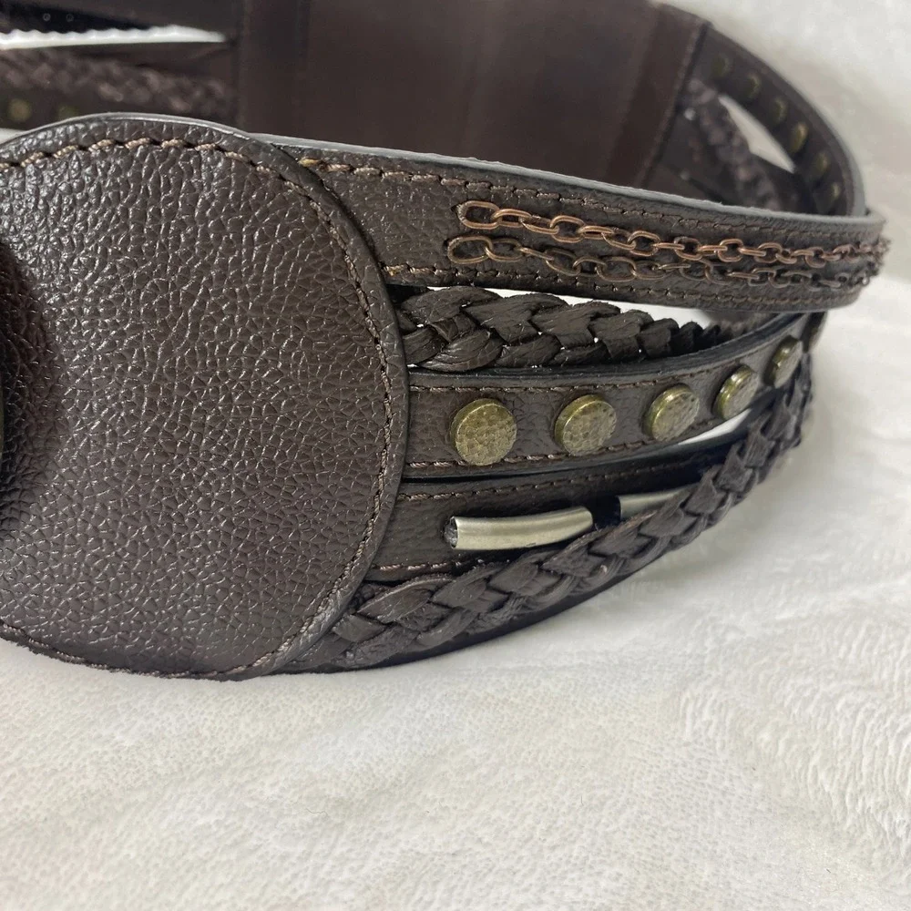 Chicos Faux Leather Dark Brown Wide Braided Studded Belt‎ Fashion Accessory Chic